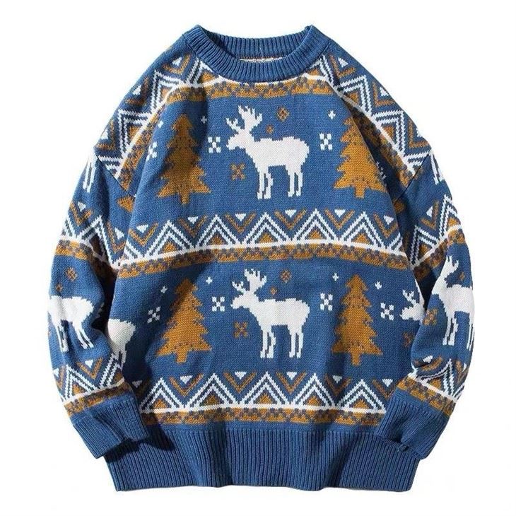 Blue Reindeer Knit Ugly Christmas Sweater